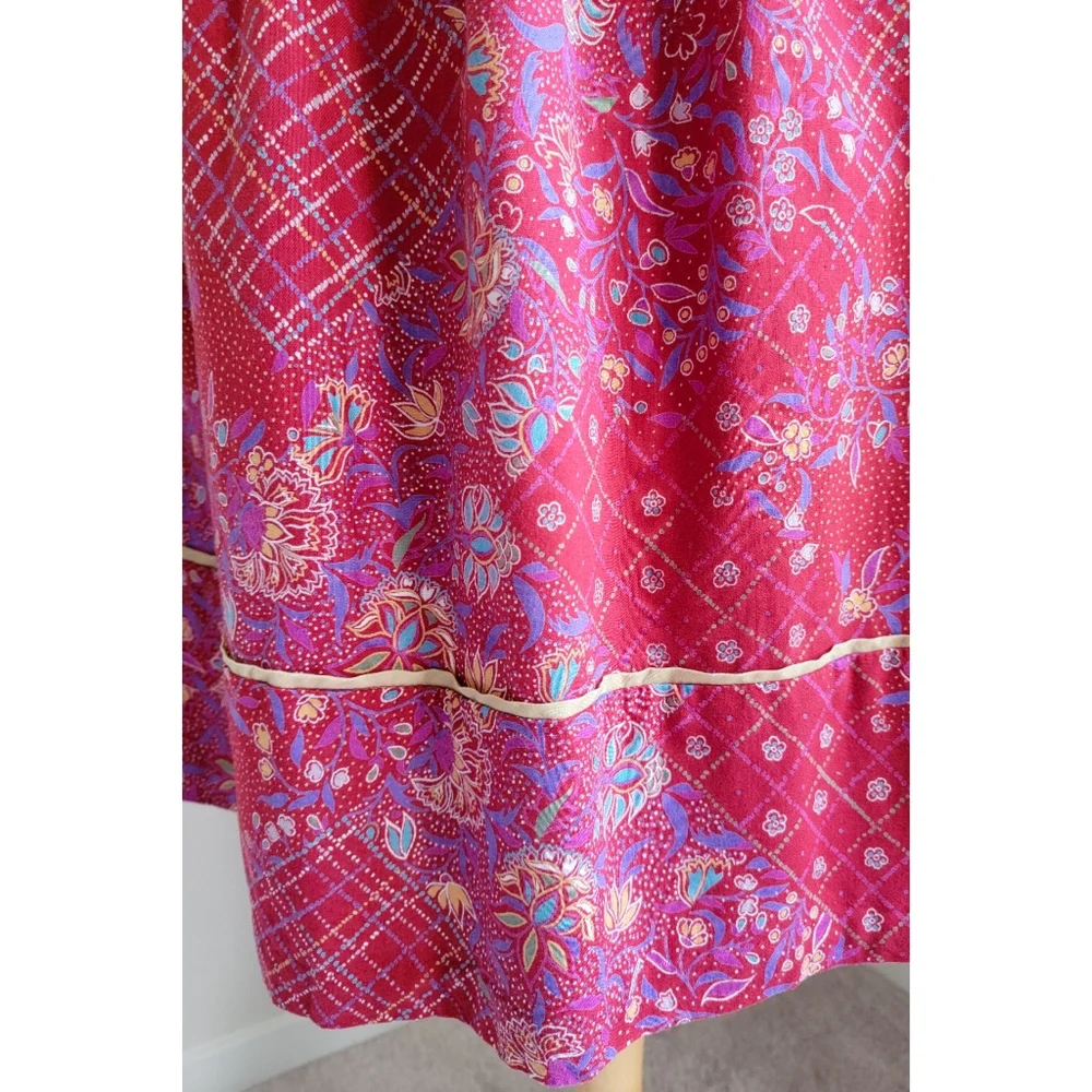 70s Red Floral Cinched Waist 1970s Vintage Midi Dress by ' Belle France ' - Picture 6 of 8
